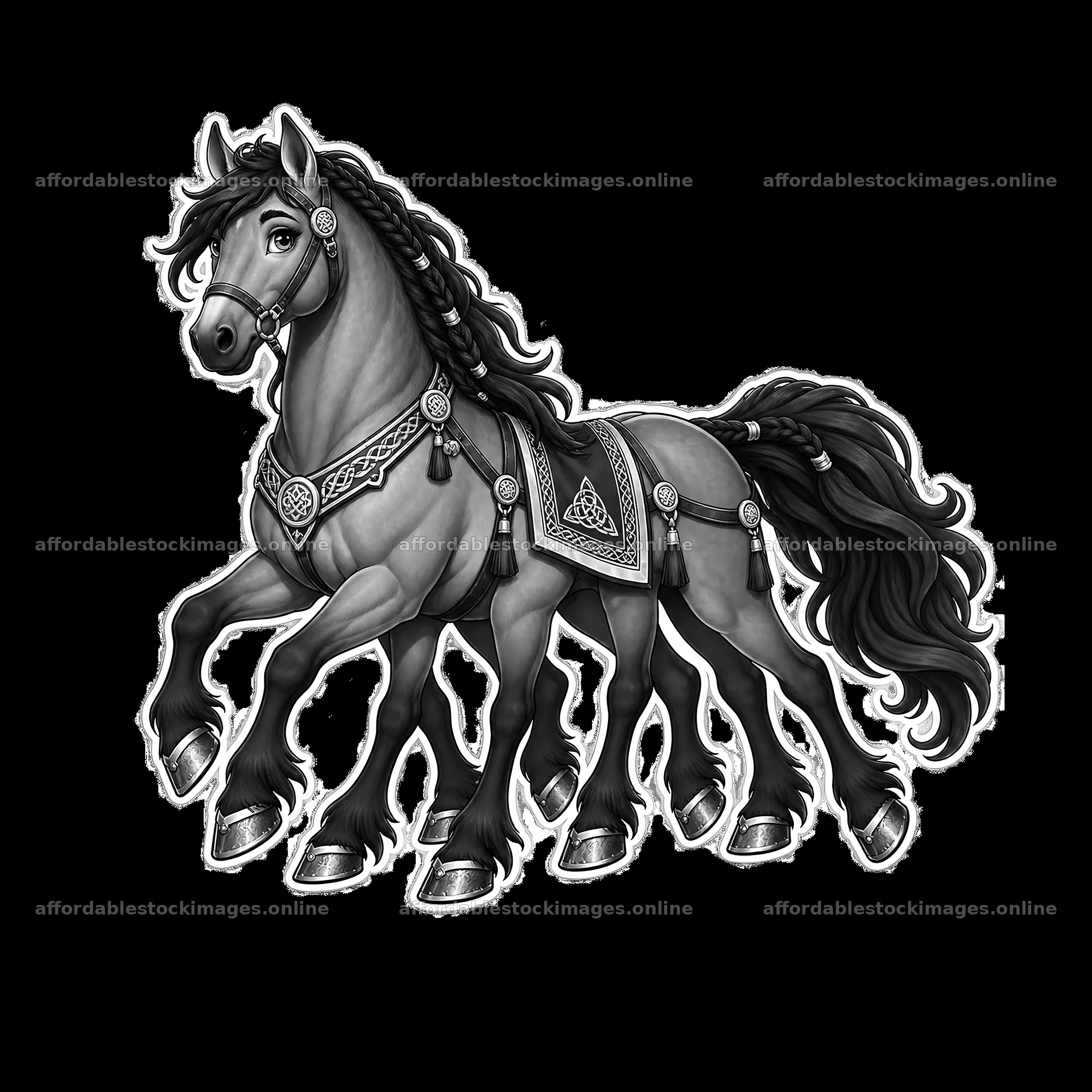 Odin’s eight-legged horse, Sleipnir, in monochrome illustration – stock images 7746x7746