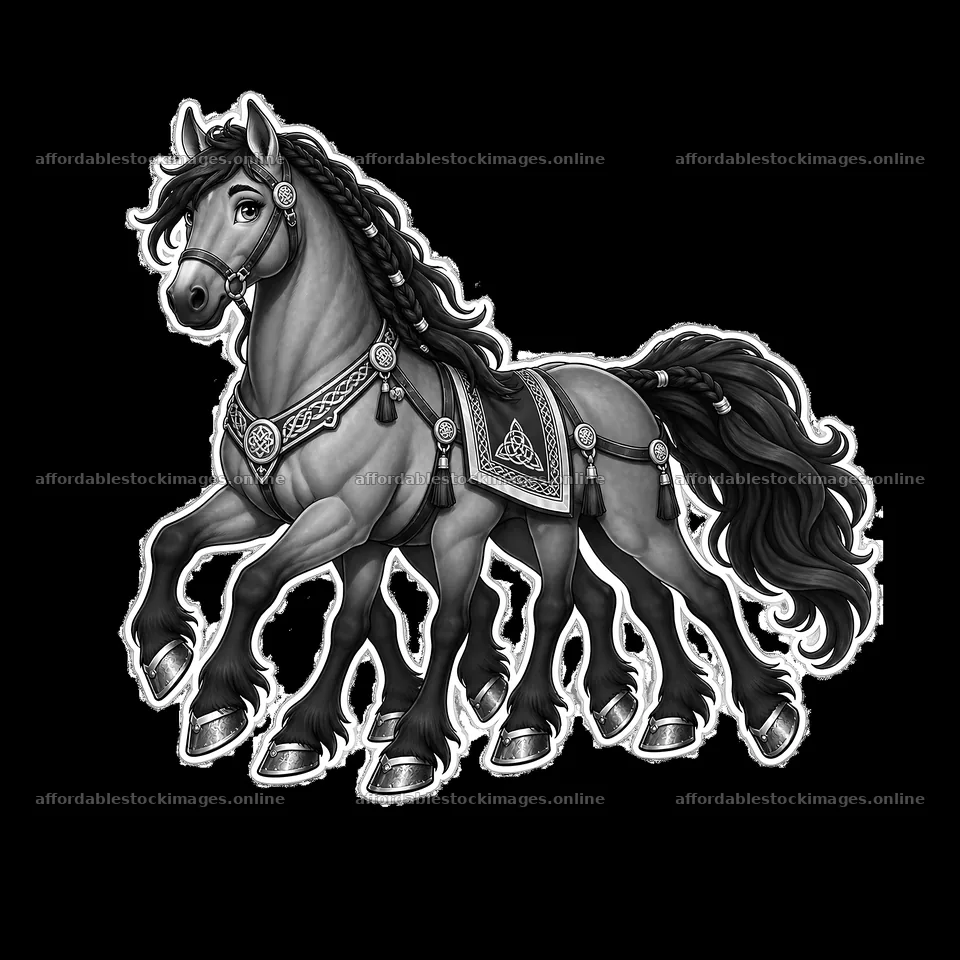 Odin’s eight-legged horse, Sleipnir, in monochrome illustration – stock images 7746x7746
