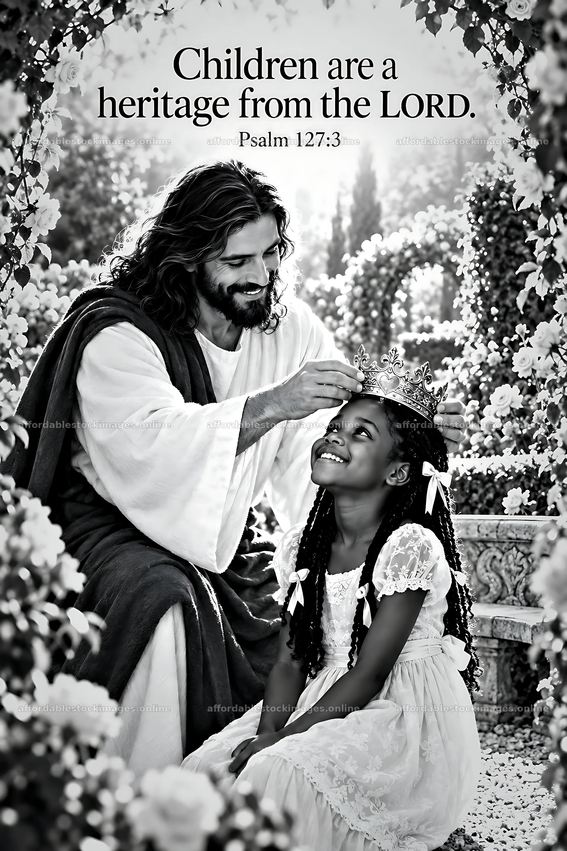 Jesus Christ blessing a child with a crown in a garden – stock images 6480x9722