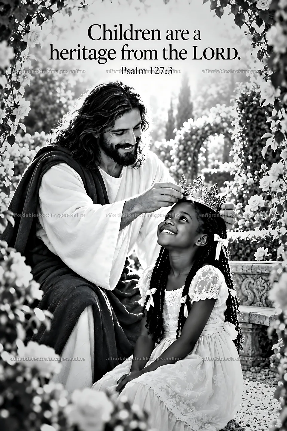 Jesus Christ blessing a child with a crown in a garden – stock images 6480x9722