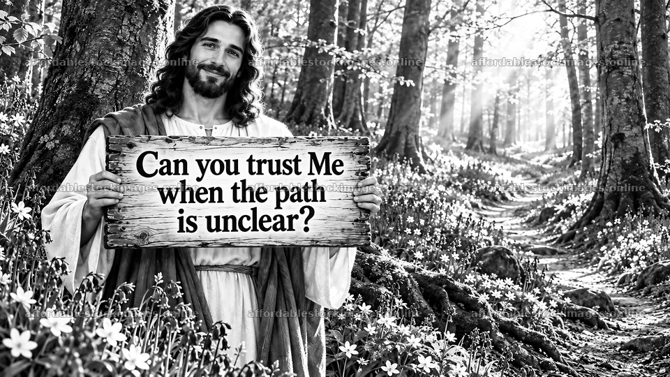 Jesus Christ holding a sign in a forest asking for trust – stock images 10324x5812