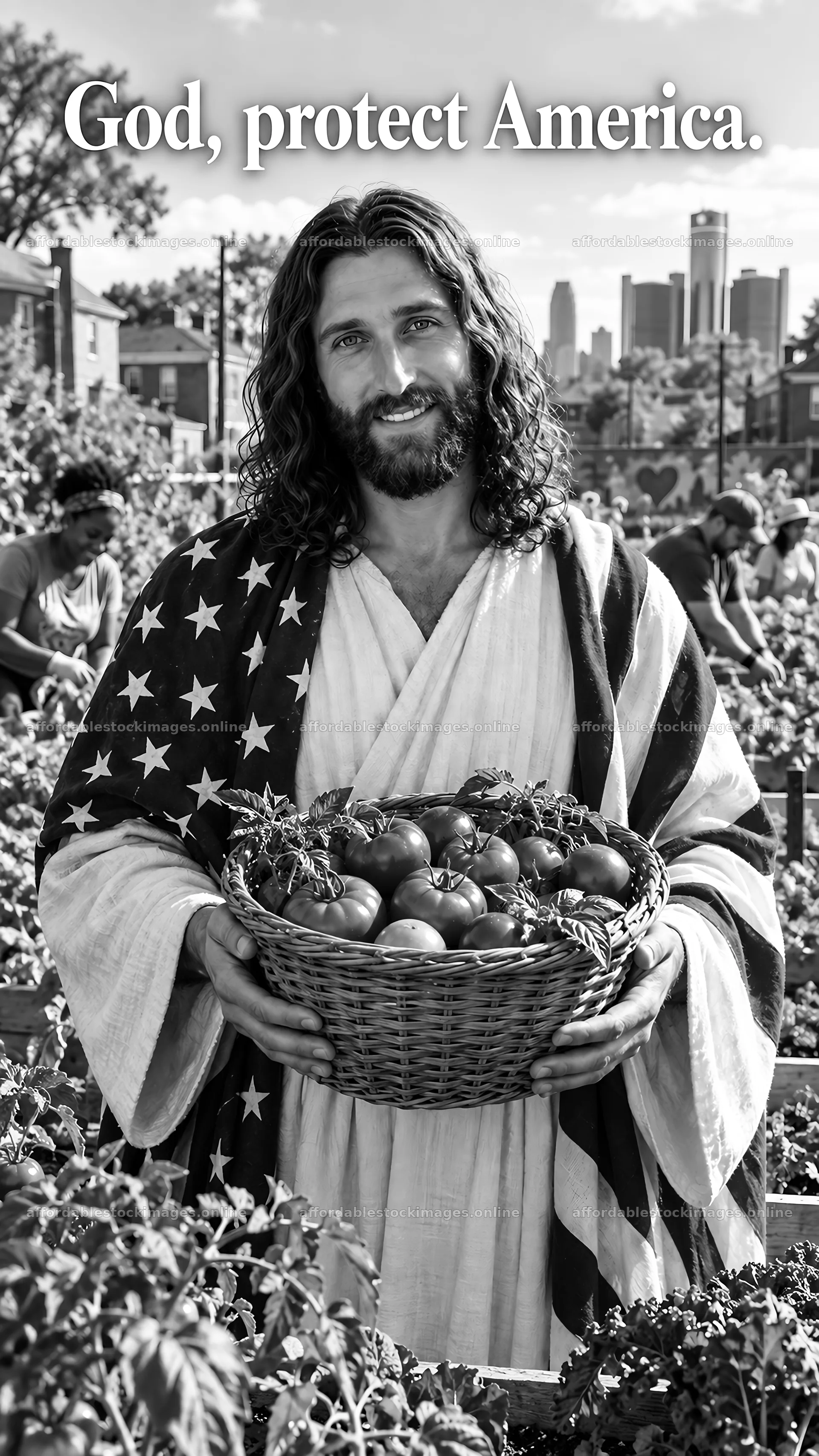 Jesus Christ holds a basket of tomatoes in a community garden – stock images 5811x10326