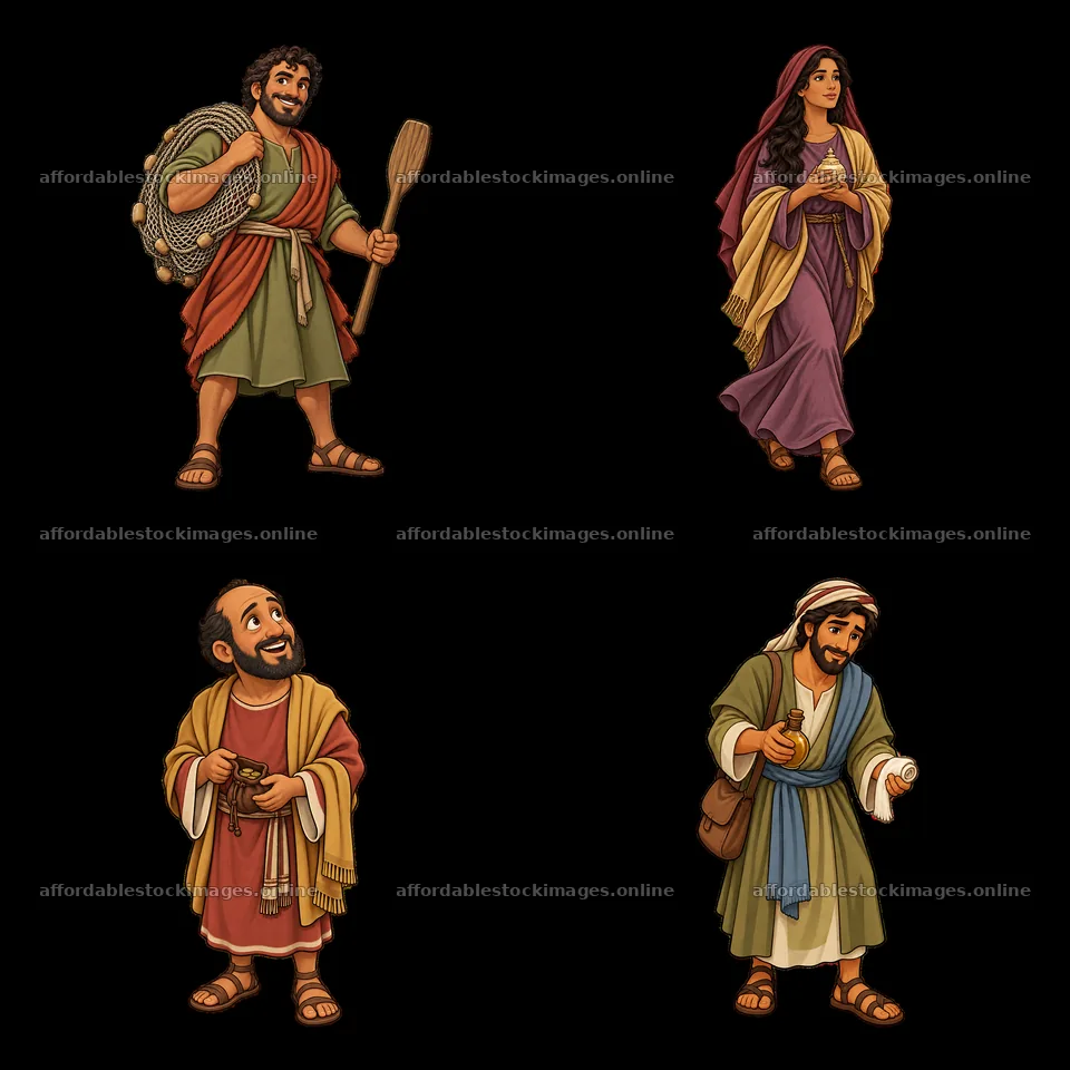 Jesus character cartoon stickers in a 2x2 layout – stock images 7746x7746