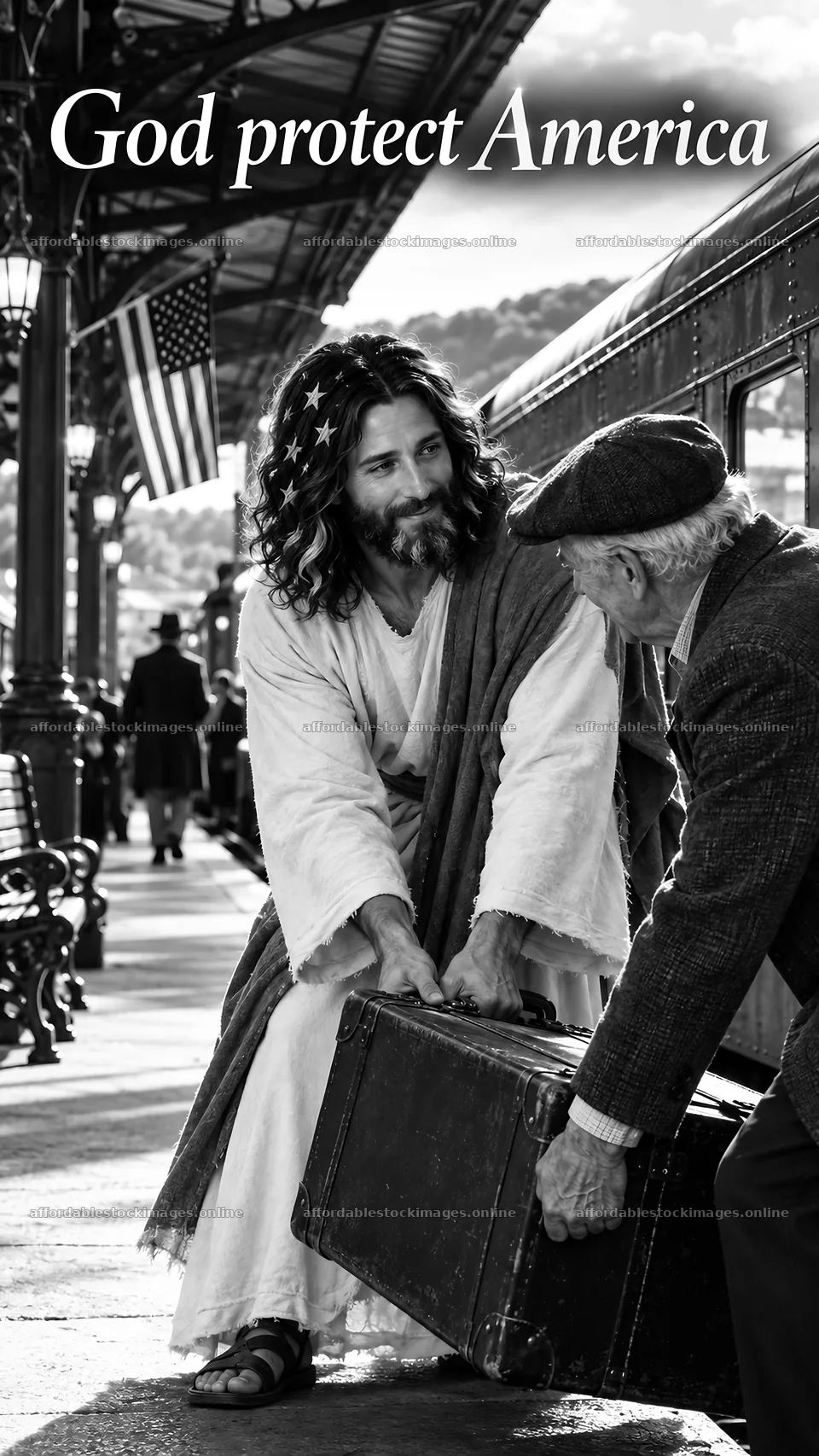 Jesus Christ helping an elderly man with his suitcase – stock images 5811x10326