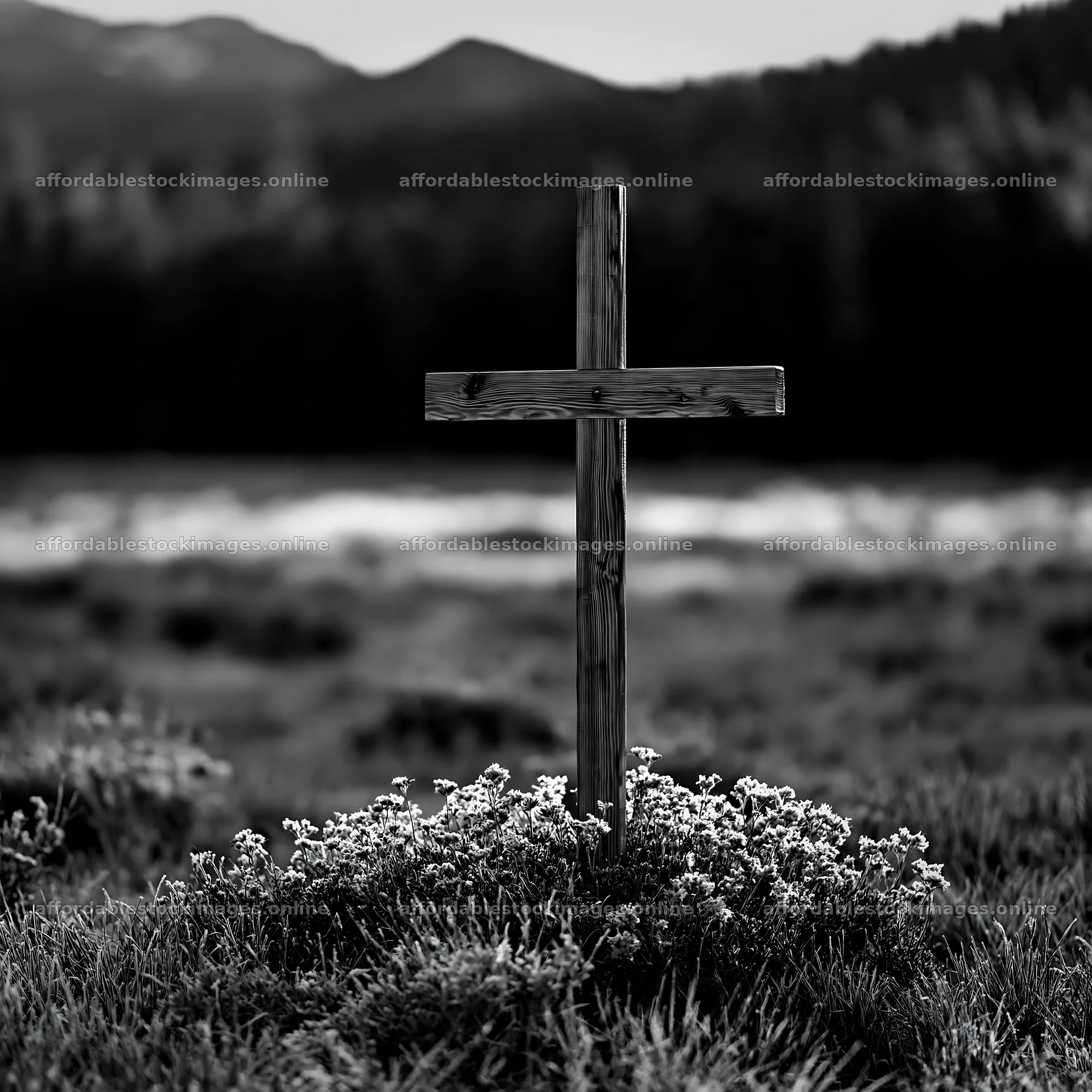Wooden cross in mountain meadow with flowers – stock images 7938x7938