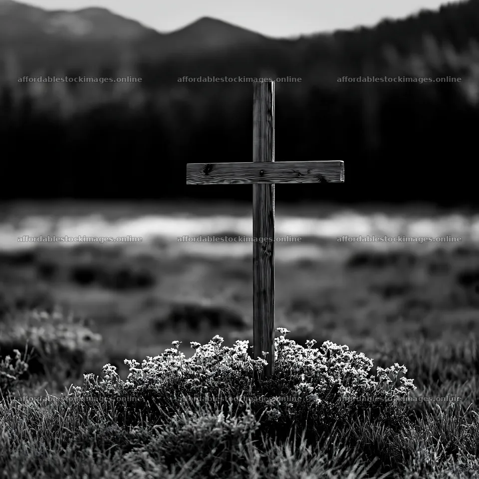 Wooden cross in mountain meadow with flowers – stock images 7938x7938