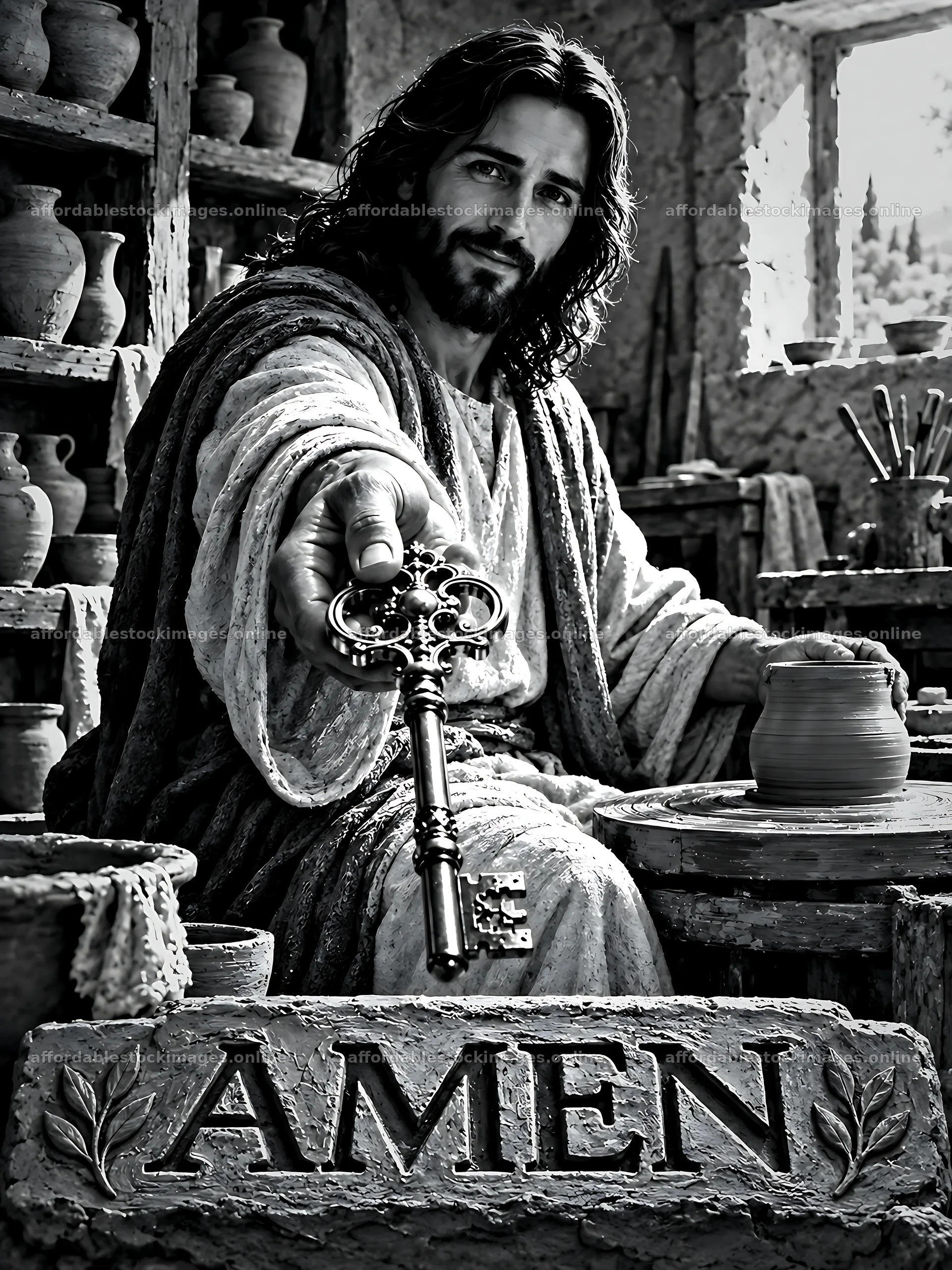 Man in pottery workshop holds key near a pot and the word Amen – stock images 6874x9166