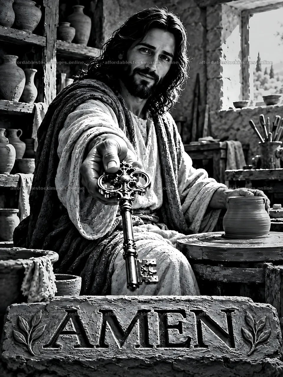 Man in pottery workshop holds key near a pot and the word Amen – stock images 6874x9166
