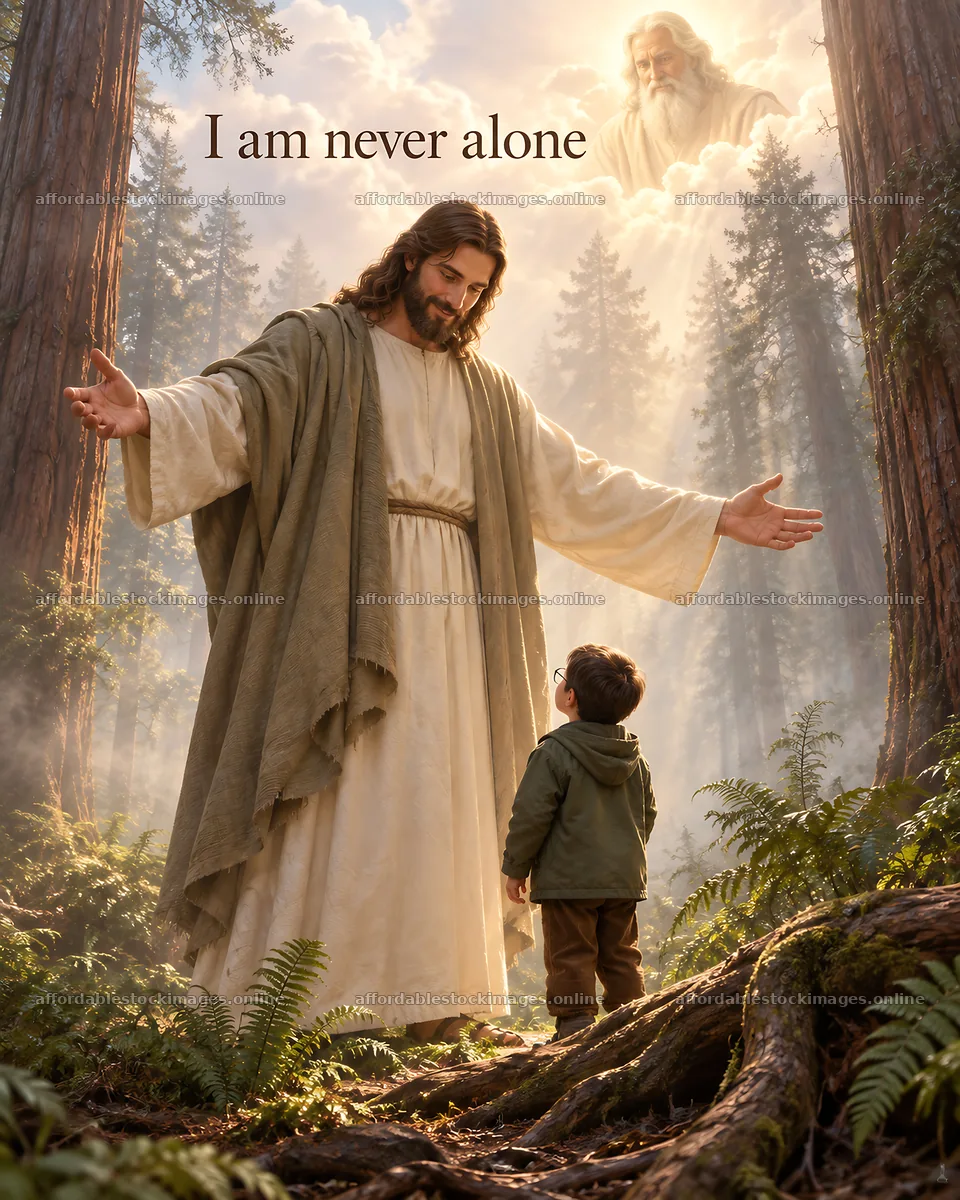 Jesus Christ comforts a child in a forest setting – stock images 6930x8659