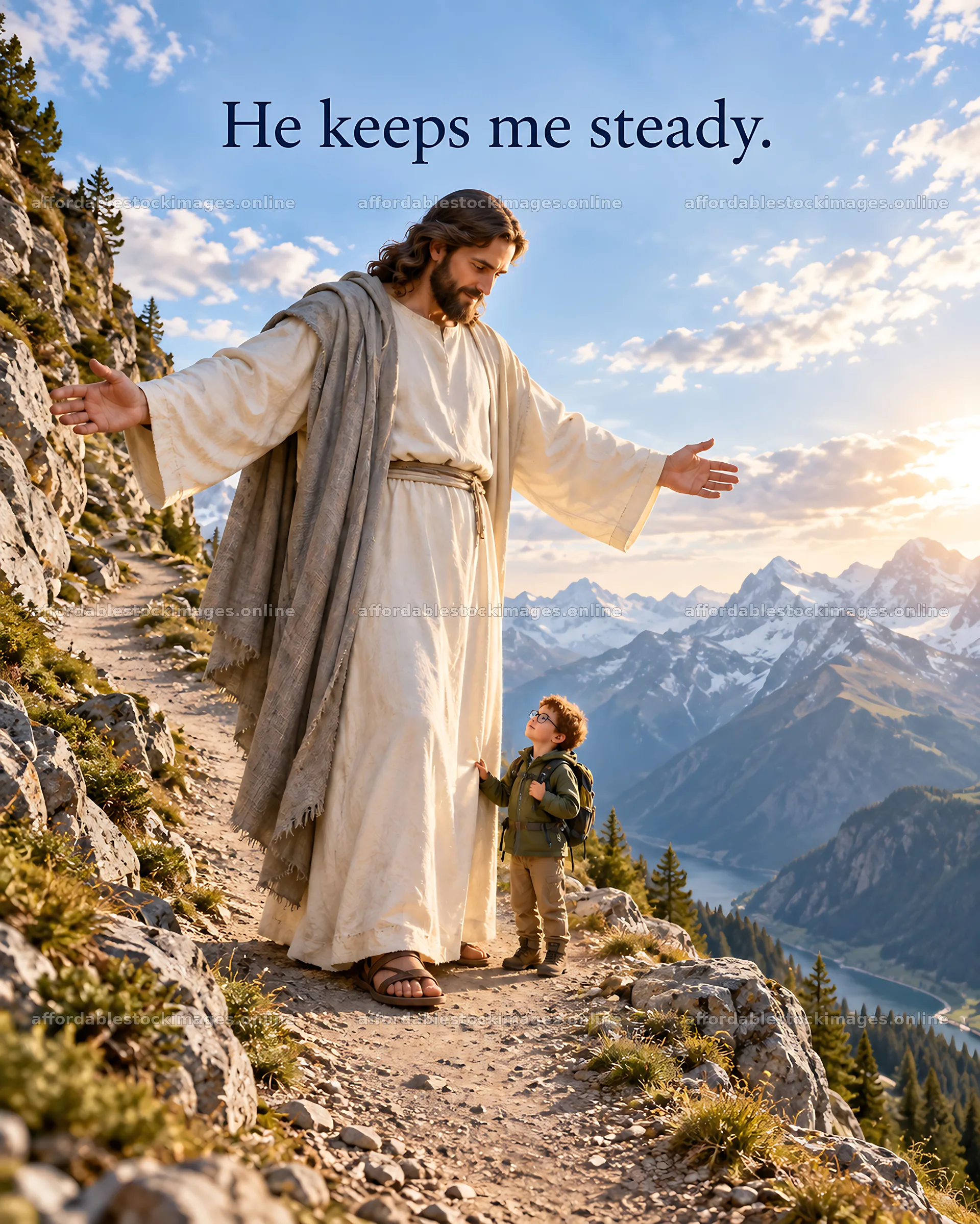 Jesus Christ guiding a child on a mountain path – stock images 6930x8659