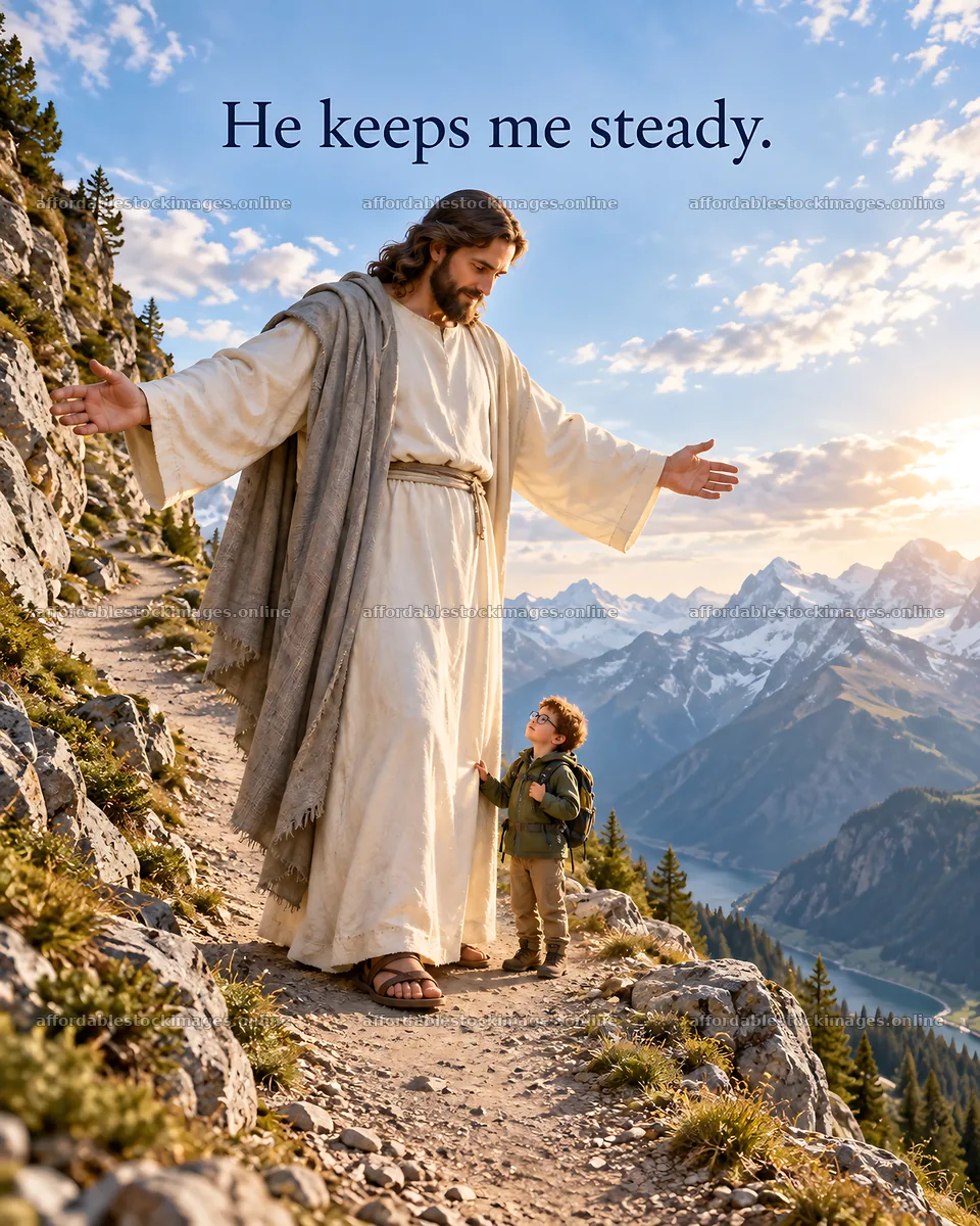 Jesus Christ guiding a child on a mountain path – stock images 6930x8659
