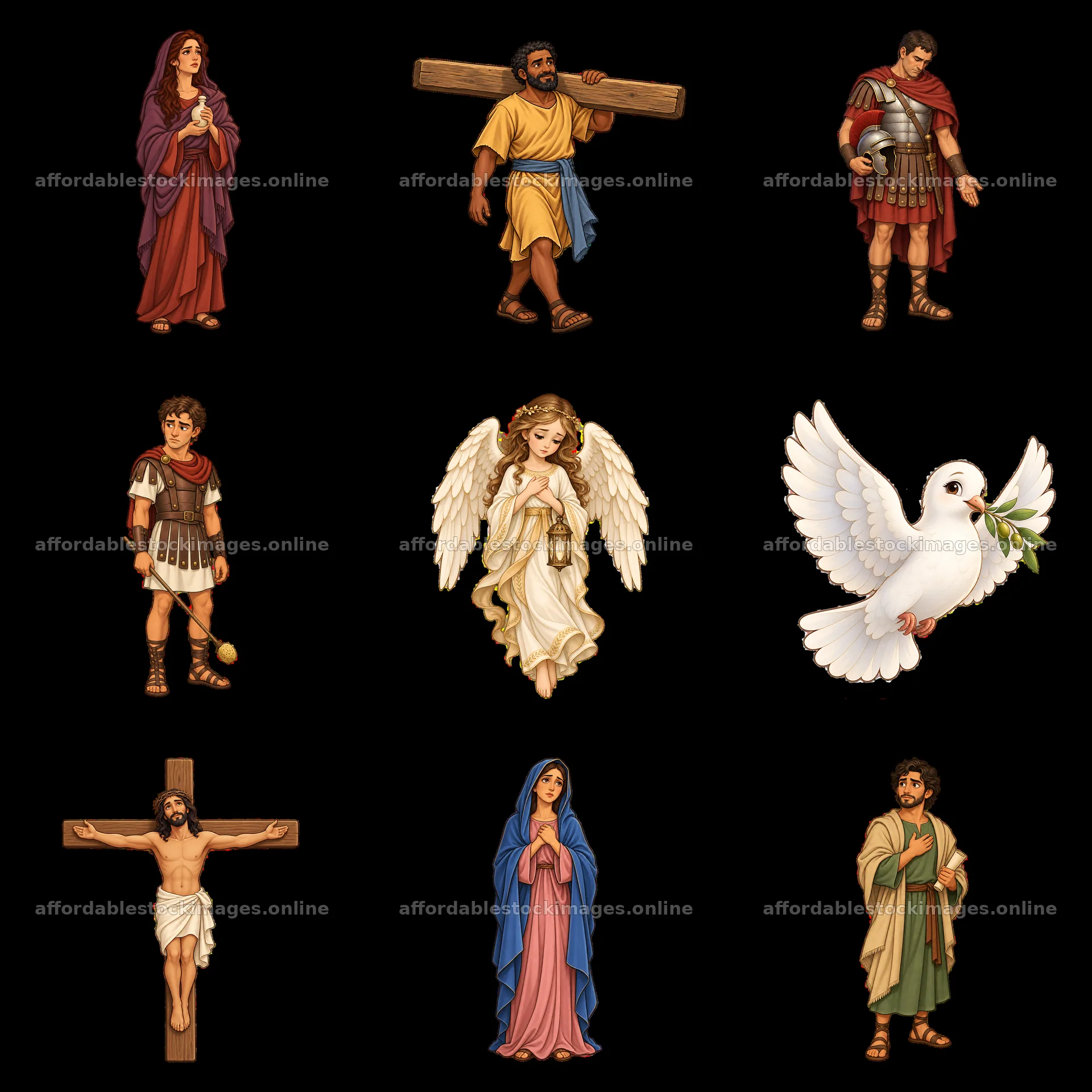 Jesus on the cross with biblical figures, soldiers, and an angel – stock images 7746x7746