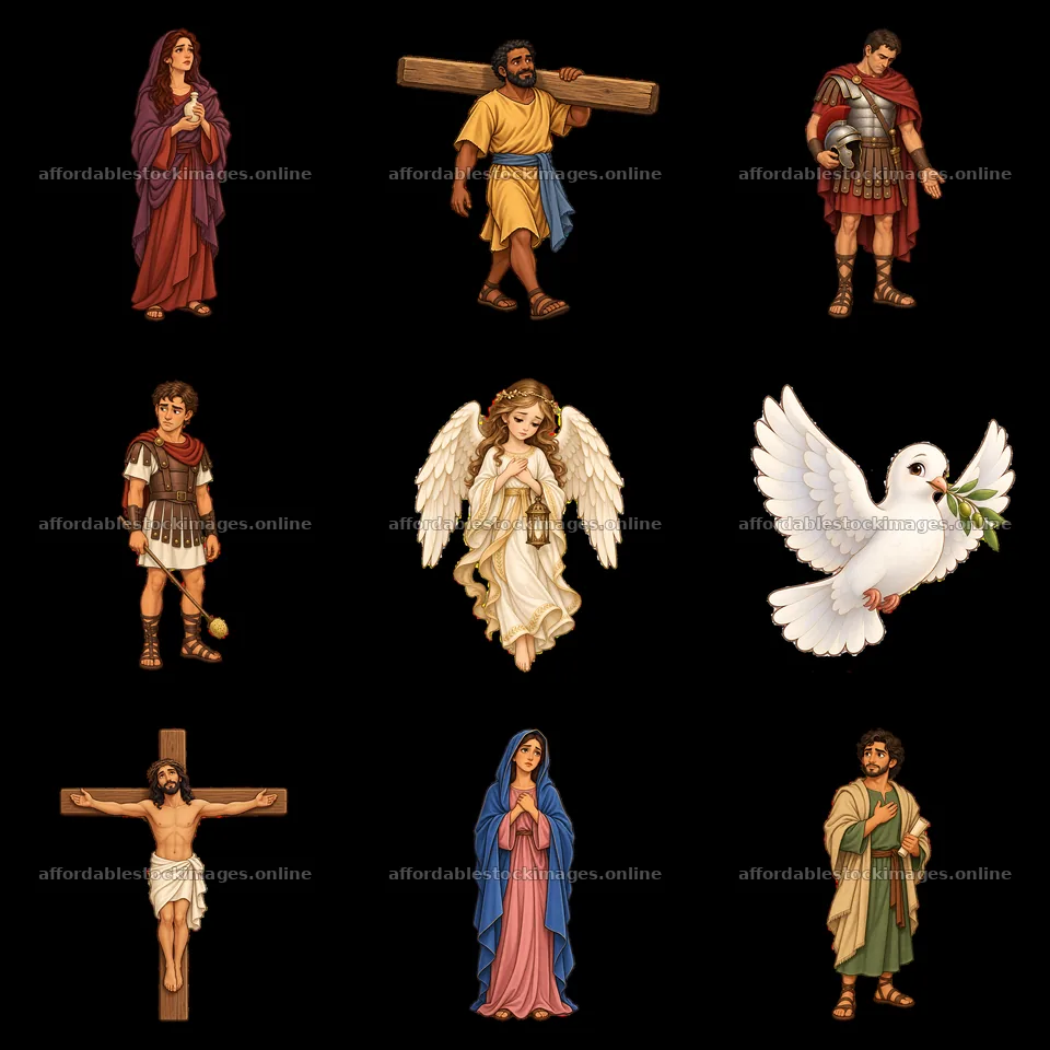 Jesus on the cross with biblical figures, soldiers, and an angel – stock images 7746x7746