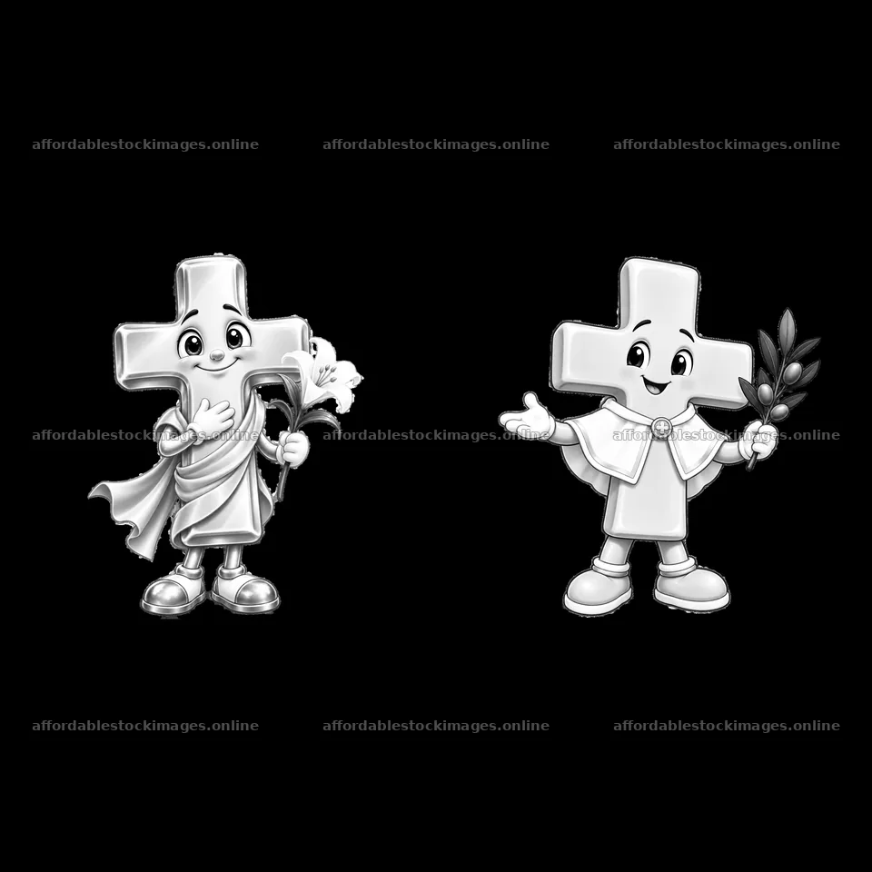 Easter cross cartoon characters holding flowers and branches – stock images 7746x7746