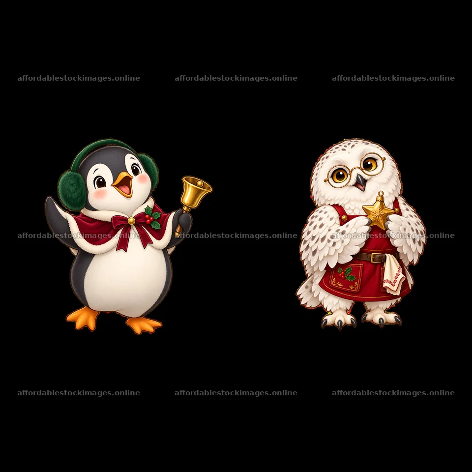 Penguin with bell and owl with star at a Christmas fireplace – stock images 7746x7746