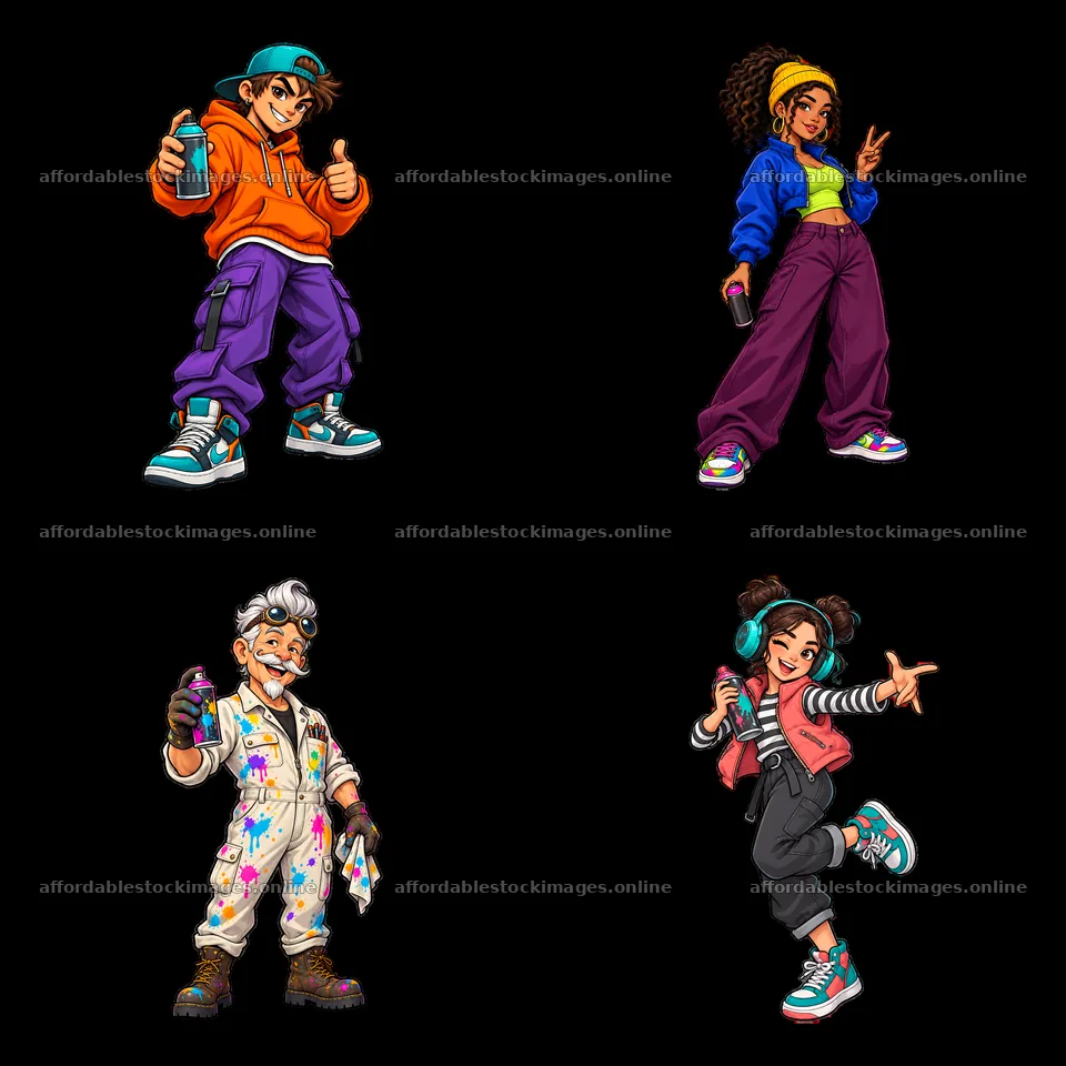 Cool graffiti sprayer characters in a vibrant 2x2 layout – stock images 7746x7746