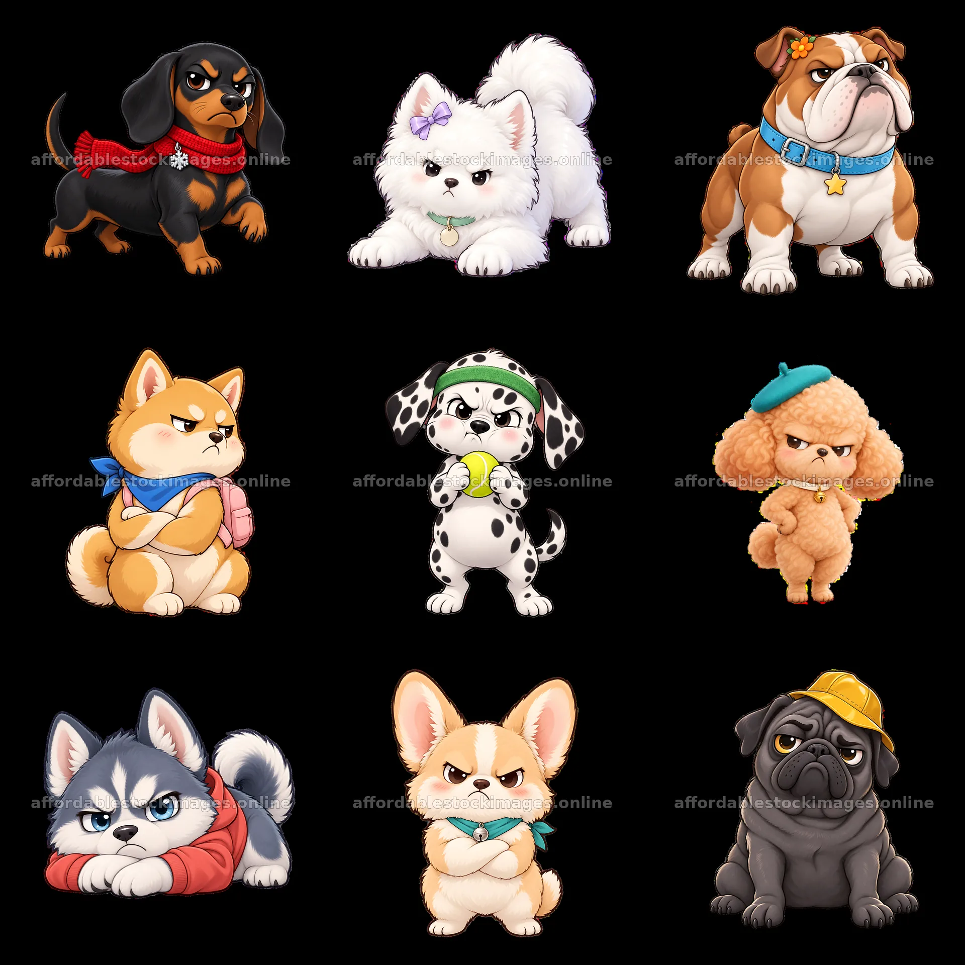 Kawaii grumpy dog cartoon stickers in a 3x3 layout – stock images 7746x7746