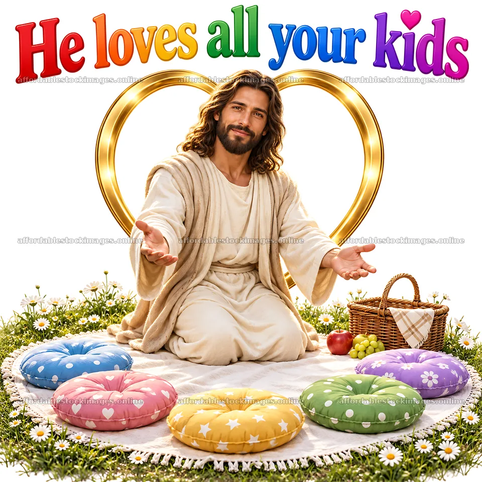 Jesus Christ welcomes children with love and joy – stock images 7746x7746