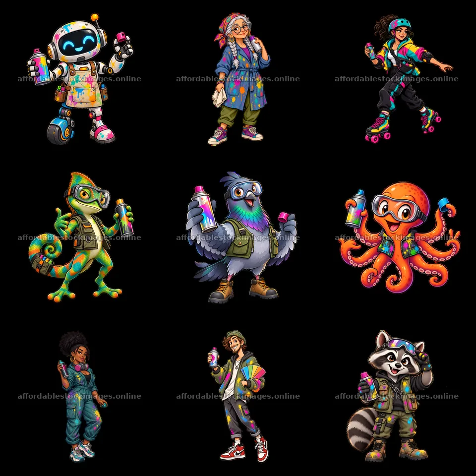 Graffiti sprayer characters in colorful 3x3 arrangement – stock images 7746x7746