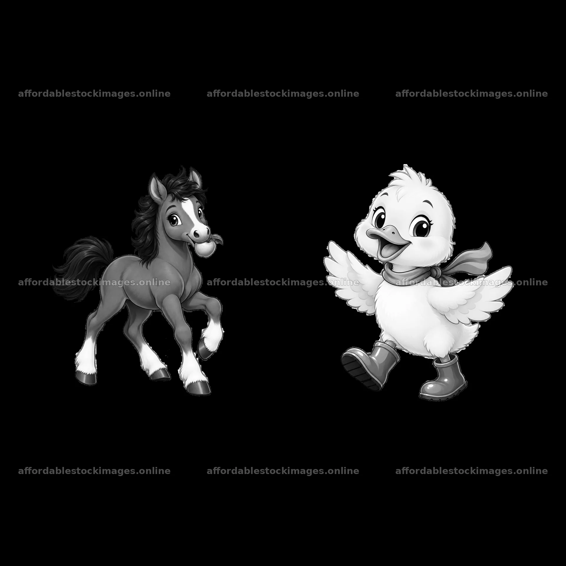 Cartoon horse and duck characters walking together on a farm – stock images 7746x7746