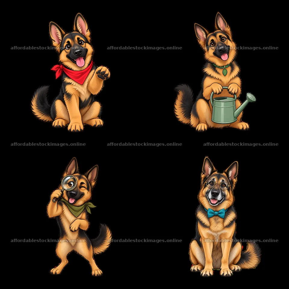 Fun German shepherd dog stickers in various playful poses – stock images 7746x7746