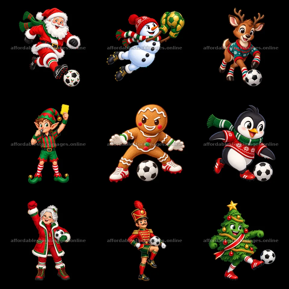 Christmas soccer characters in playful 3x3 arrangement – stock images 7746x7746
