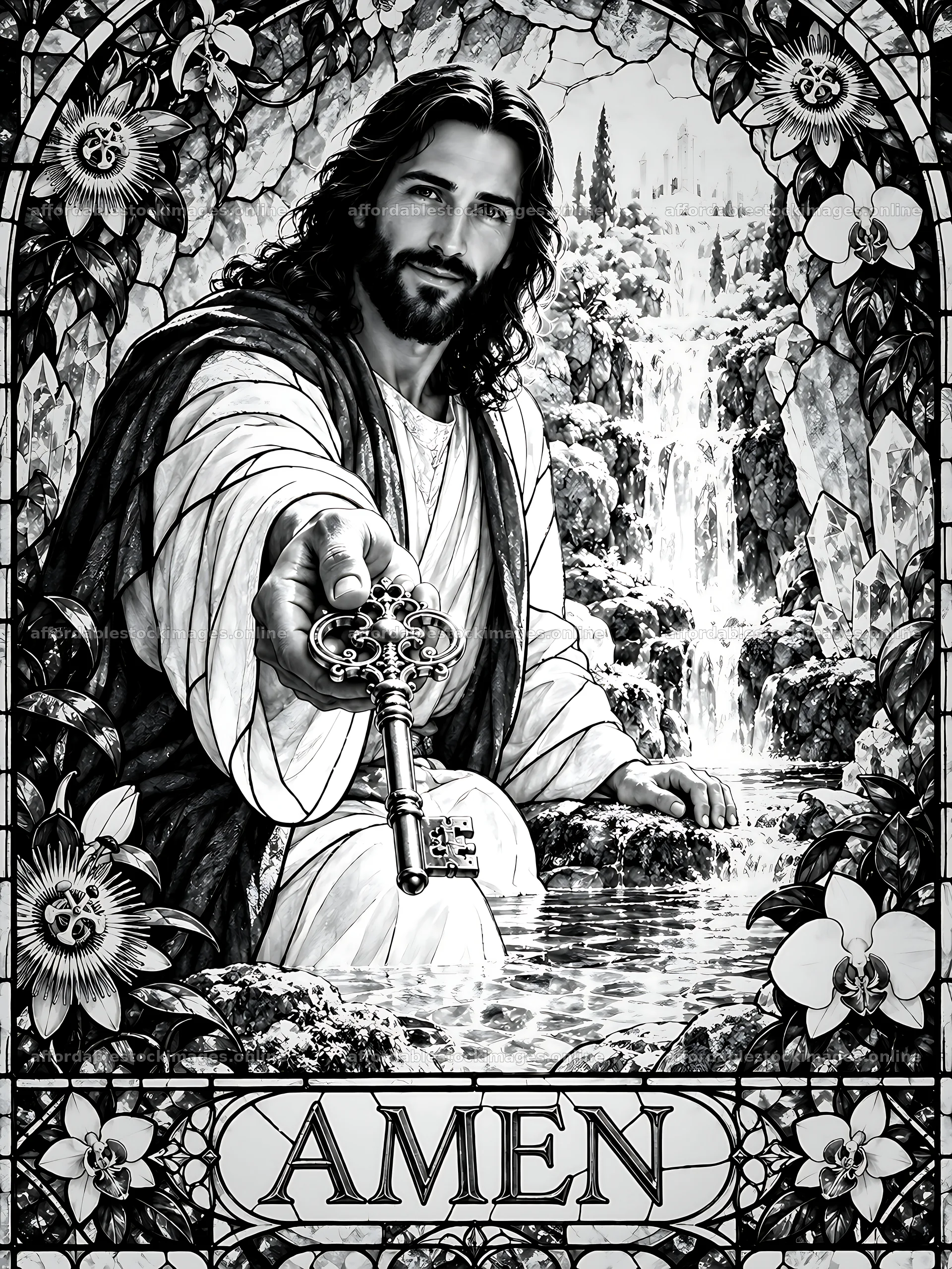 Christ holding key at The Crystal Spring – stock images 6874x9166