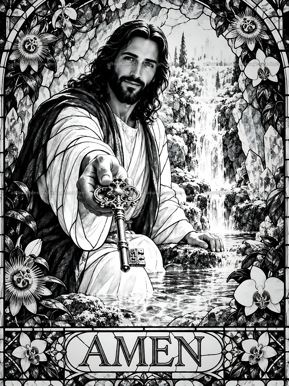 Christ holding key at The Crystal Spring – stock images 6874x9166