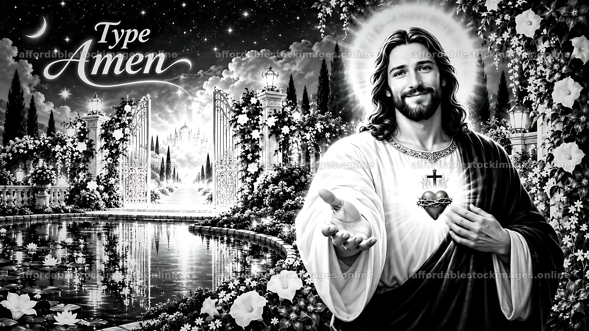 Jesus offering comfort in a garden setting with flowing water – stock images 10580x5954
