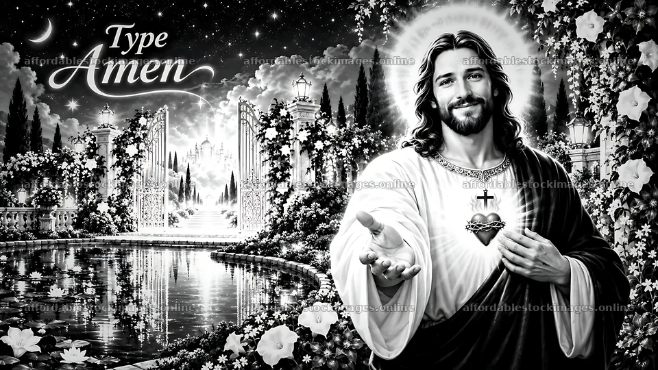 Jesus offering comfort in a garden setting with flowing water – stock images 10580x5954