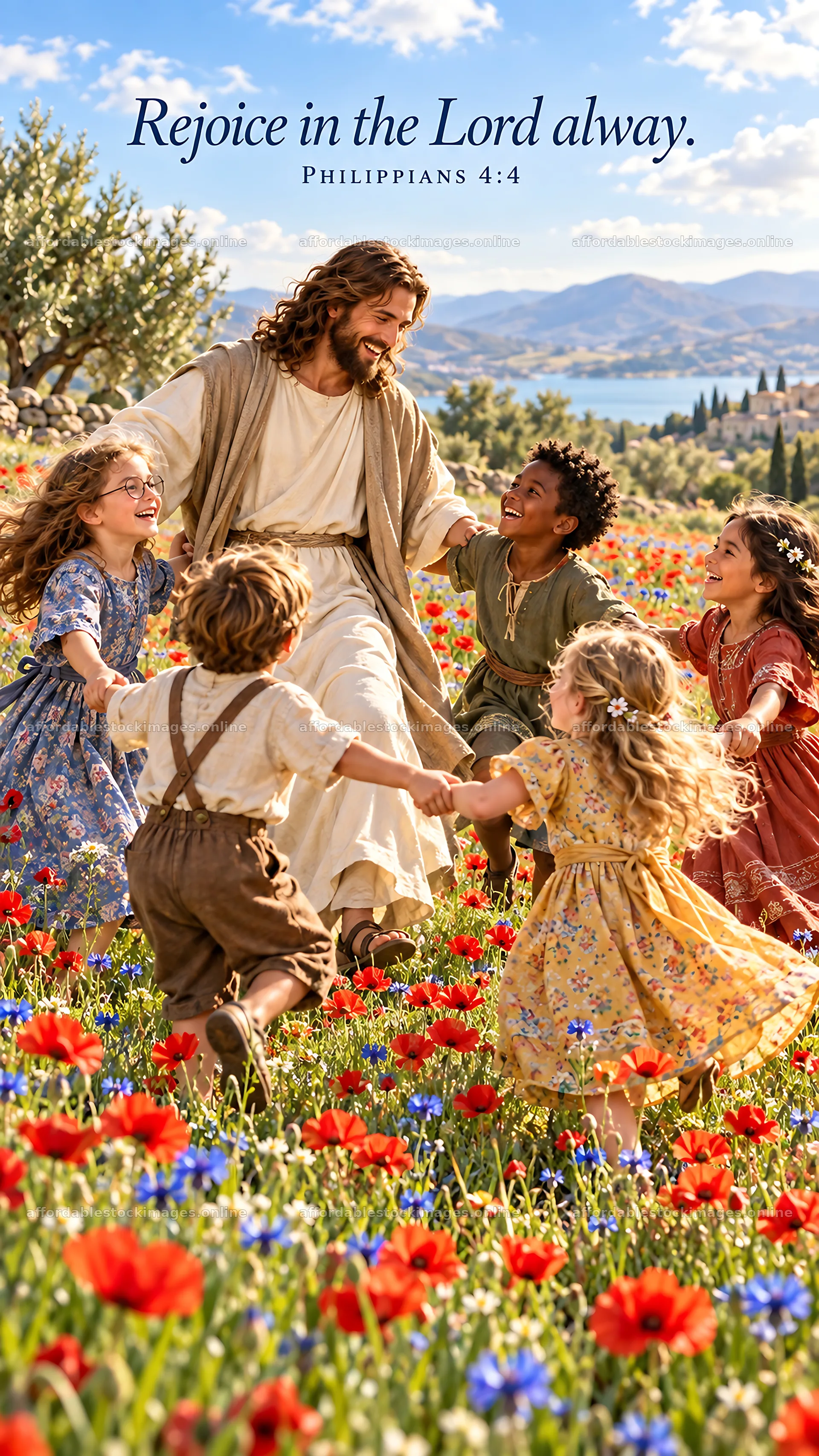 Jesus Christ surrounded by children in a field of flowers – stock images 5811x10326