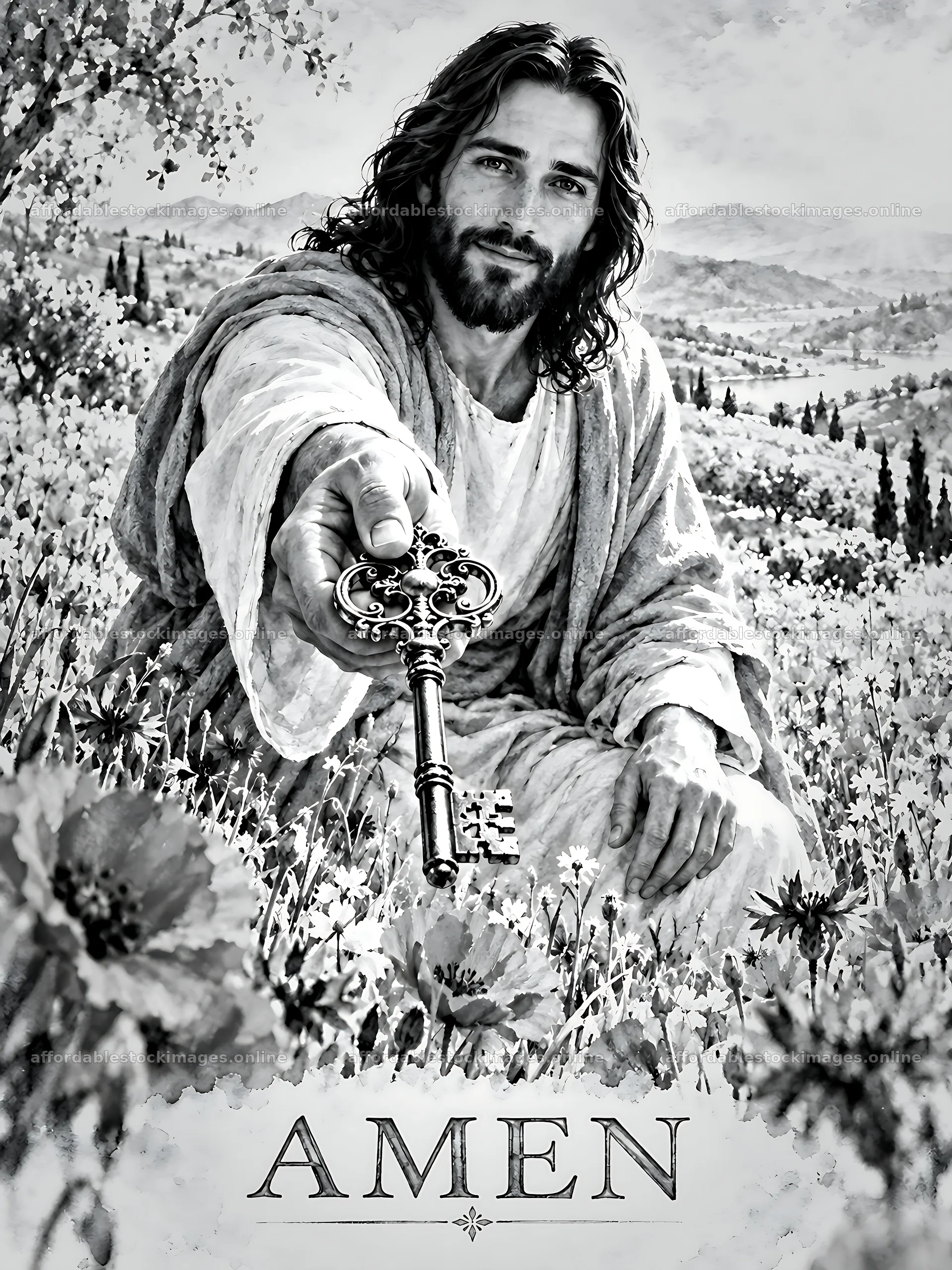 Jesus offering a key in a field of flowers – stock images 6874x9166