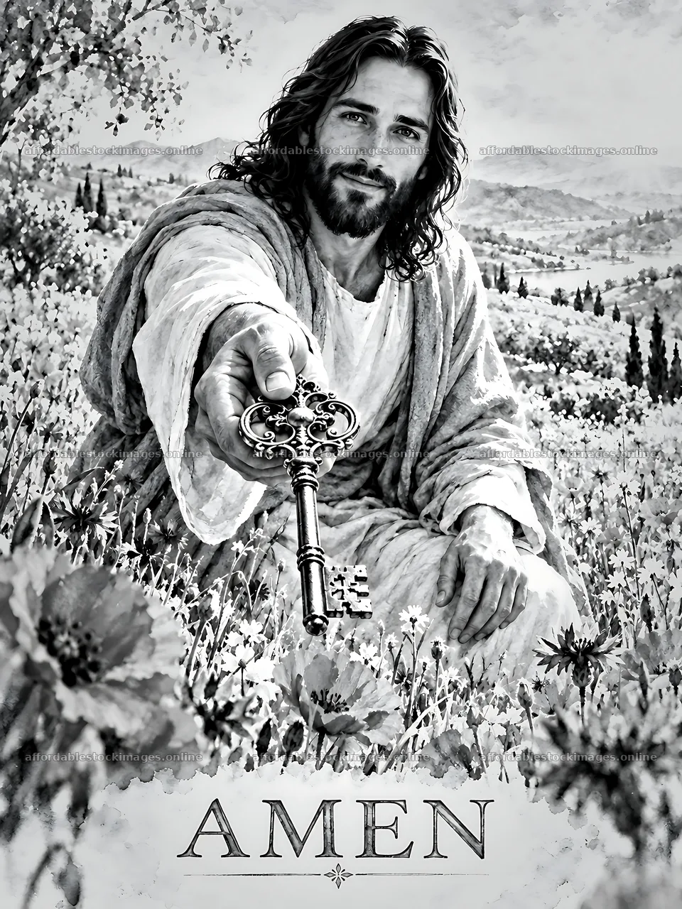 Jesus offering a key in a field of flowers – stock images 6874x9166