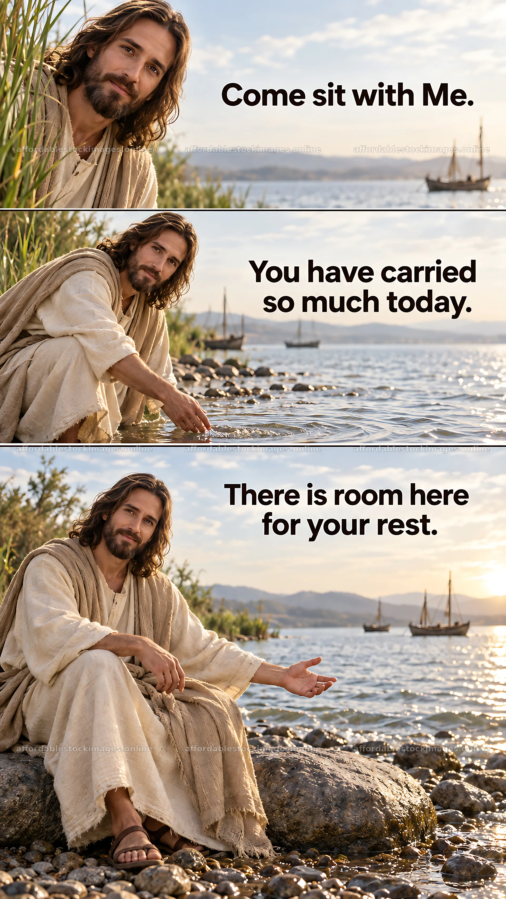 Jesus Christ invites for comfort and rest by the water – stock images 5811x10326
