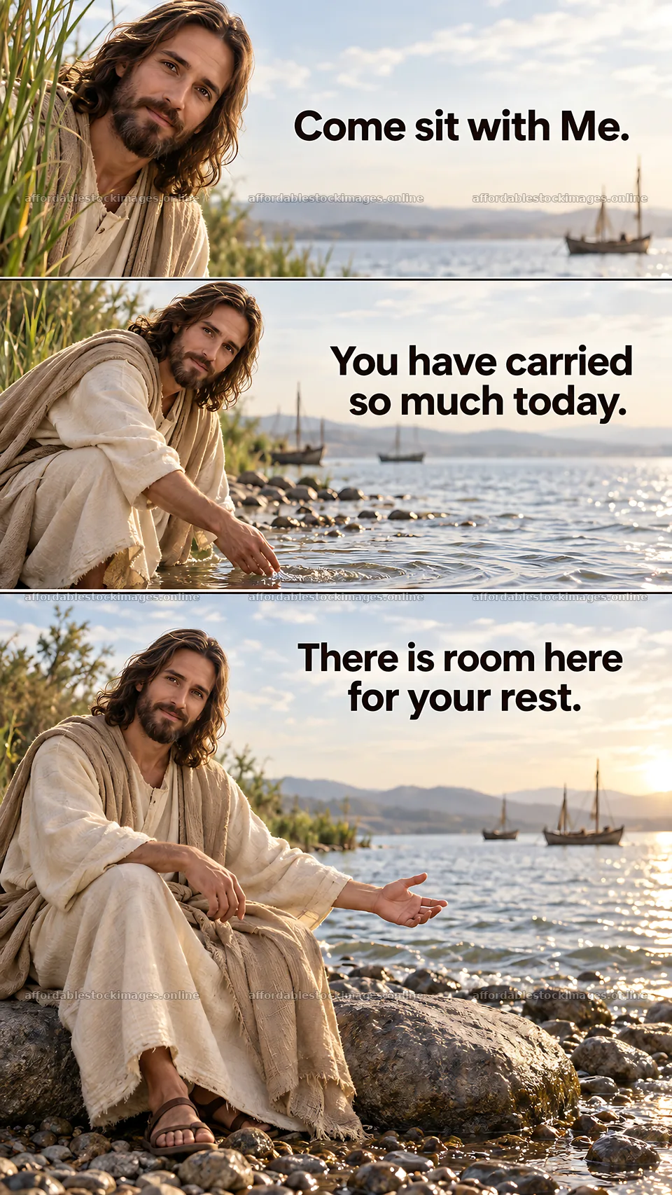 Jesus Christ invites for comfort and rest by the water – stock images 5811x10326