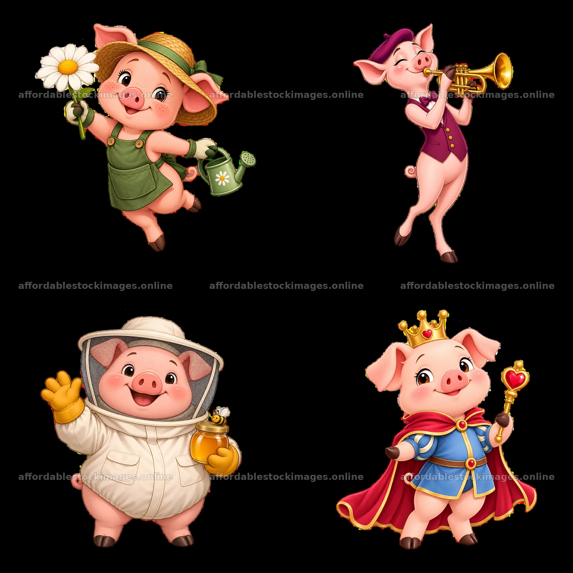Four playful pig cartoon characters in a colorful grid – stock images 7746x7746
