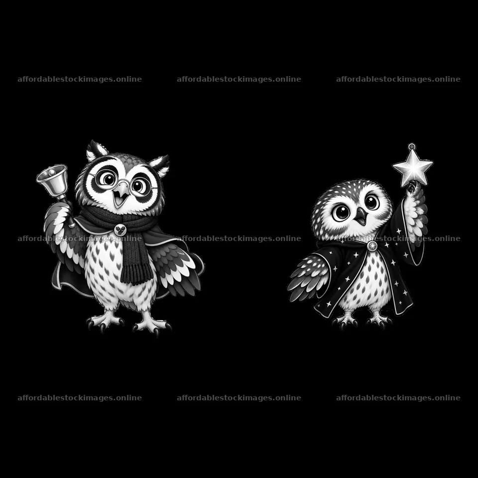 Christmas owls holding a bell and a star in black-and-white – stock images 7746x7746