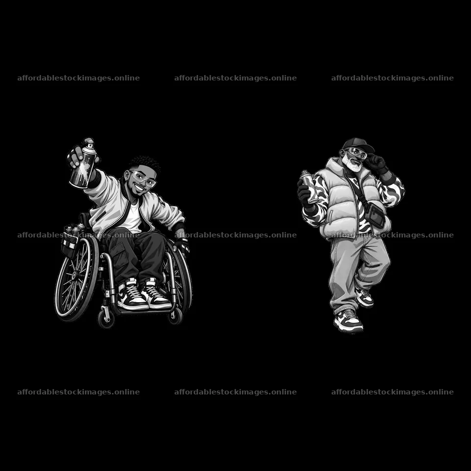 Monochrome graffiti sprayers in streetwear with spray cans – stock images 7746x7746