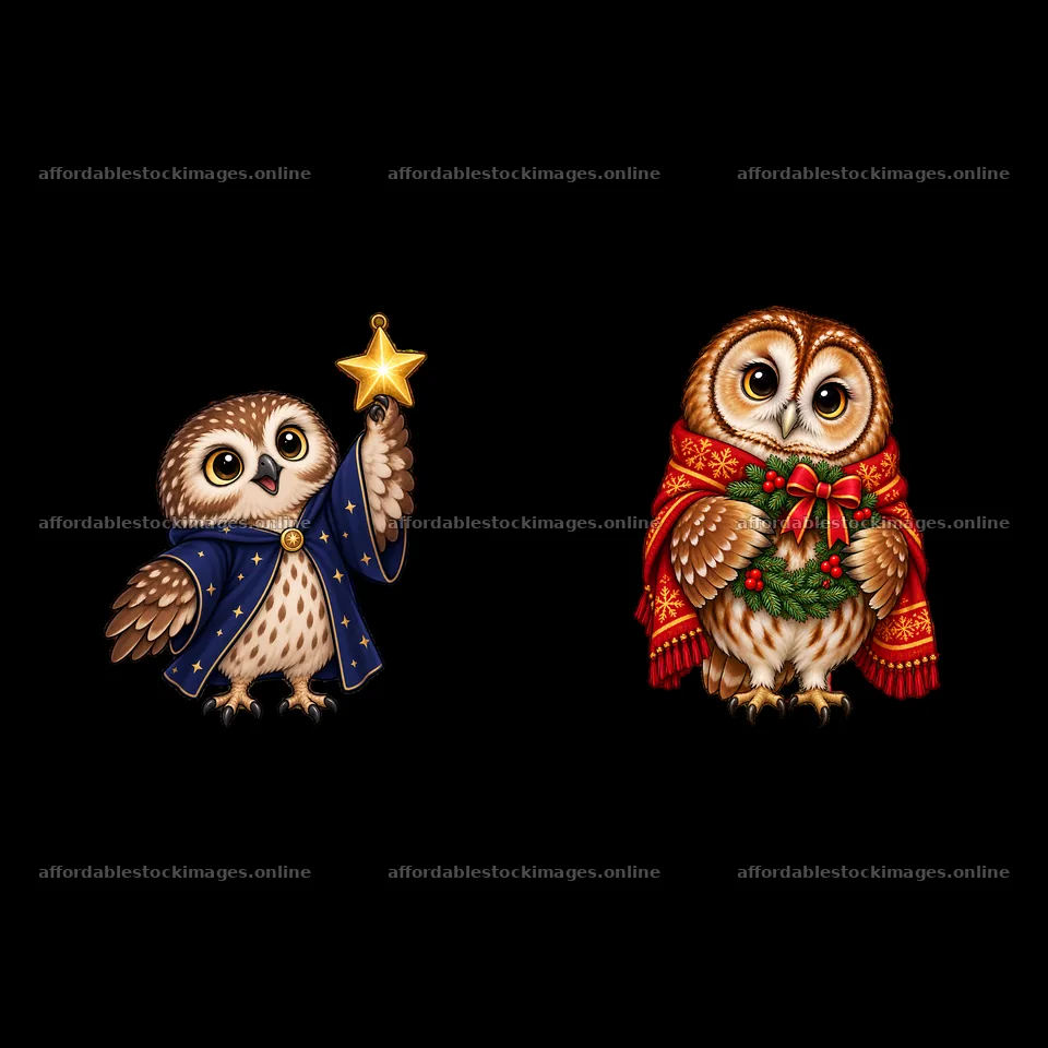 Christmas owls wearing magical outfits with festive accessories – stock images 7746x7746