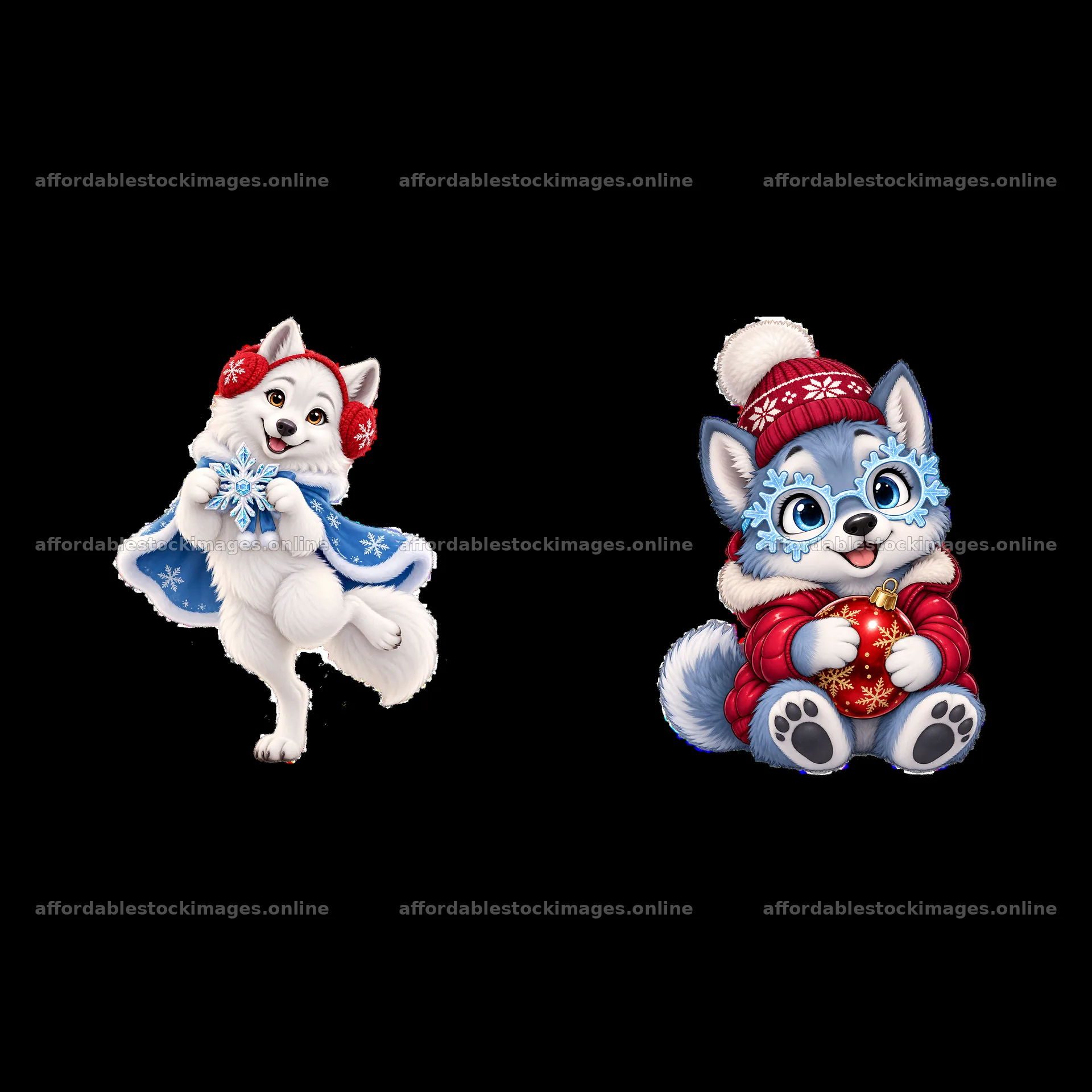 Christmas wolves wearing winter attire with accessories – stock images 7746x7746