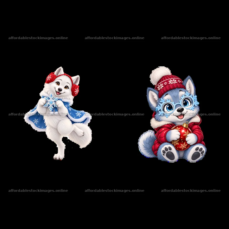 Christmas wolves wearing winter attire with accessories – stock images 7746x7746