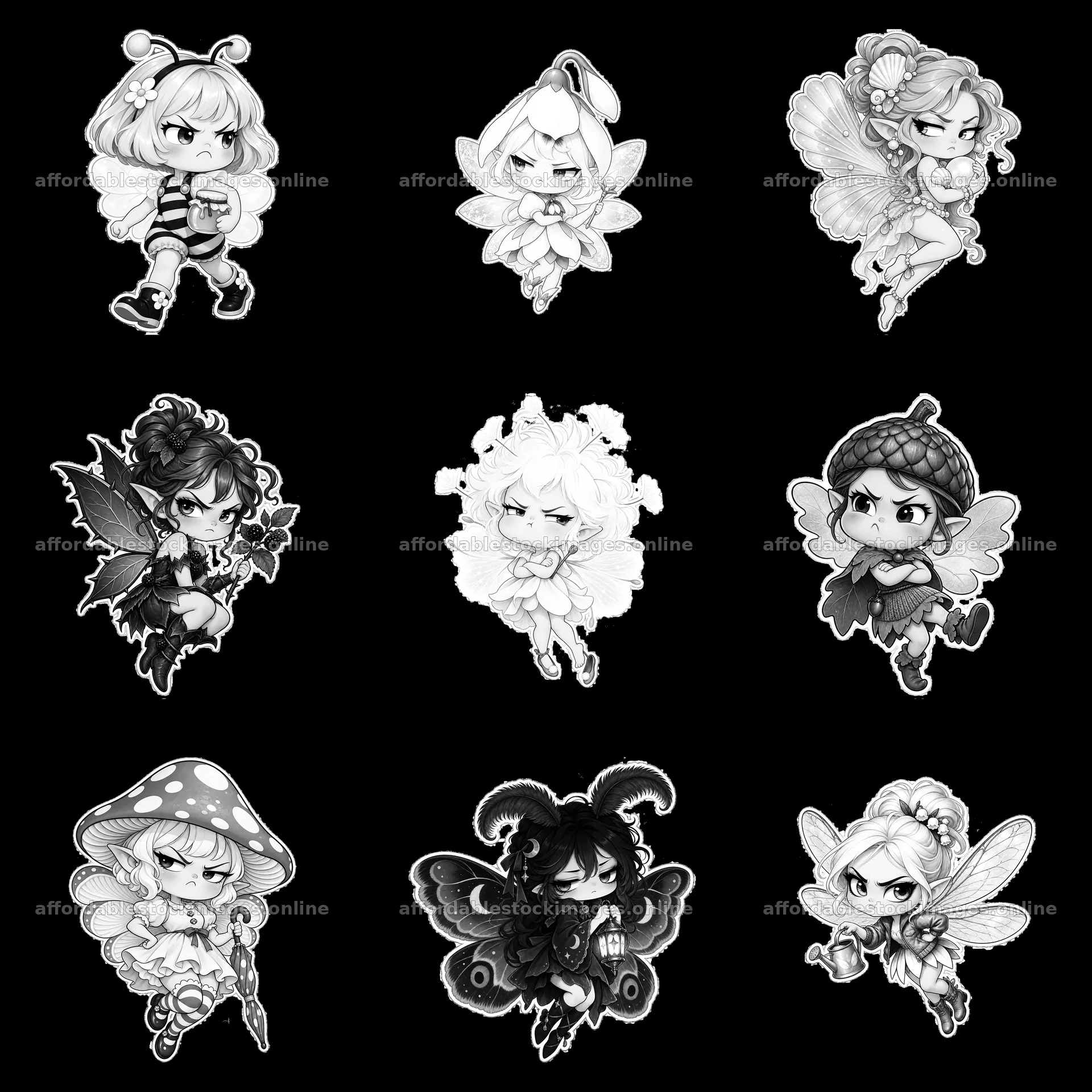 Grumpy fairy characters collection in monochrome style – stock images 7746x7746