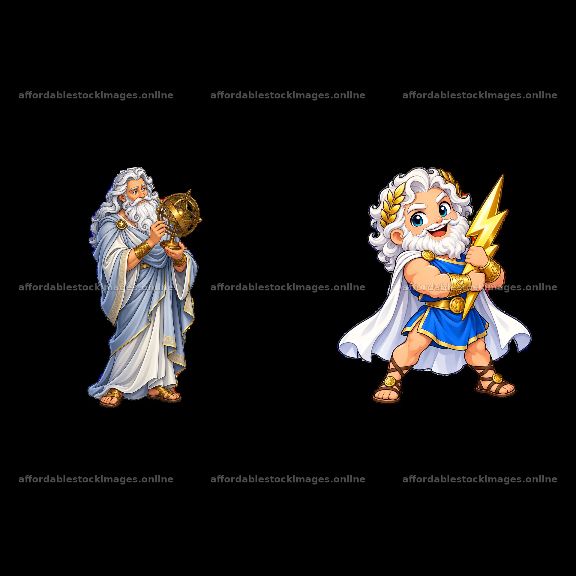 Zeus holding a globe and Zeus with a lightning bolt in a pair – stock images 7746x7746