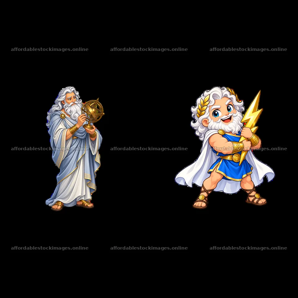 Zeus holding a globe and Zeus with a lightning bolt in a pair – stock images 7746x7746