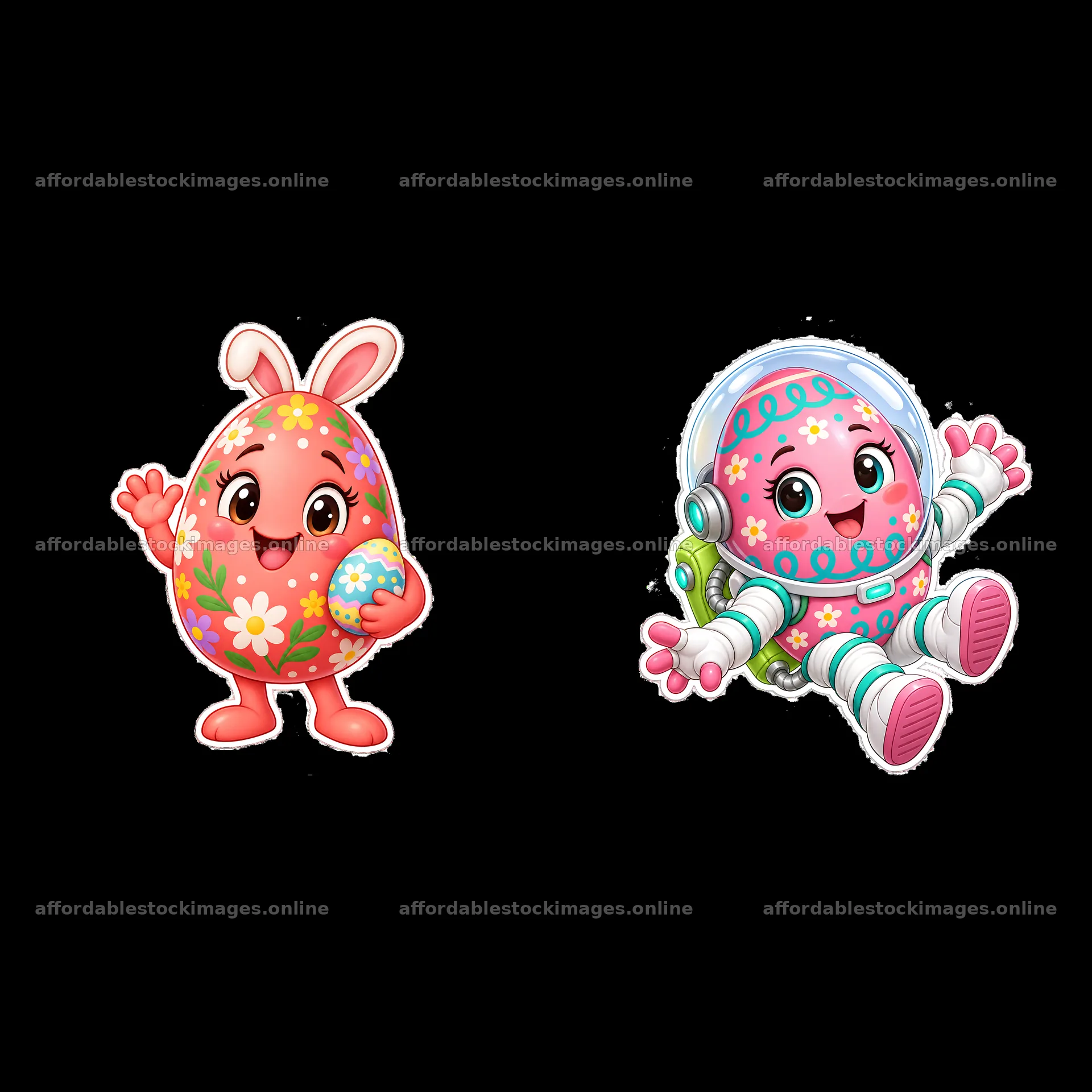 Colorful cartoon Easter eggs with a bunny and an astronaut – stock images 7746x7746