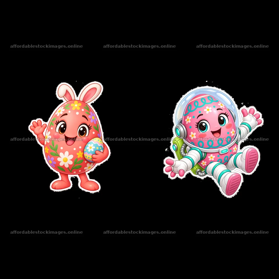 Colorful cartoon Easter eggs with a bunny and an astronaut – stock images 7746x7746