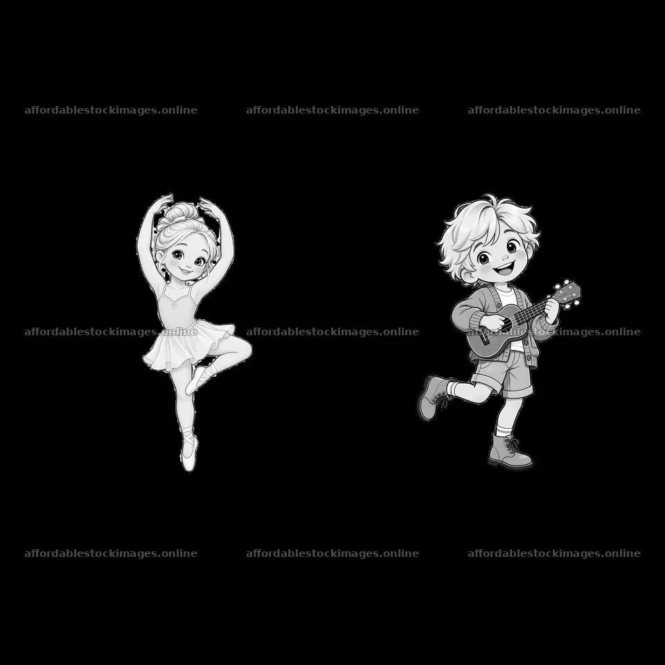 Blond child ballerina and boy playing guitar in sticker set – stock images 7746x7746