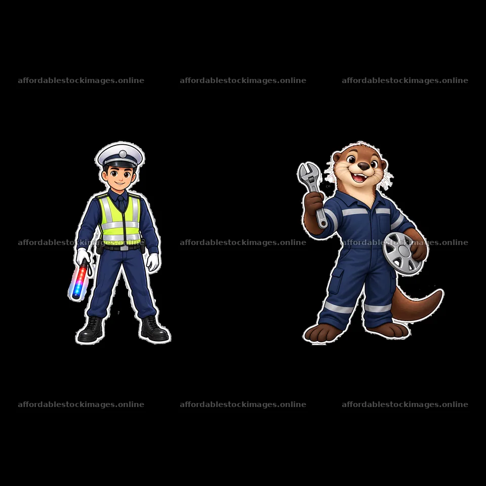 Cartoon police officer and mechanic otter character stickers – stock images 7746x7746