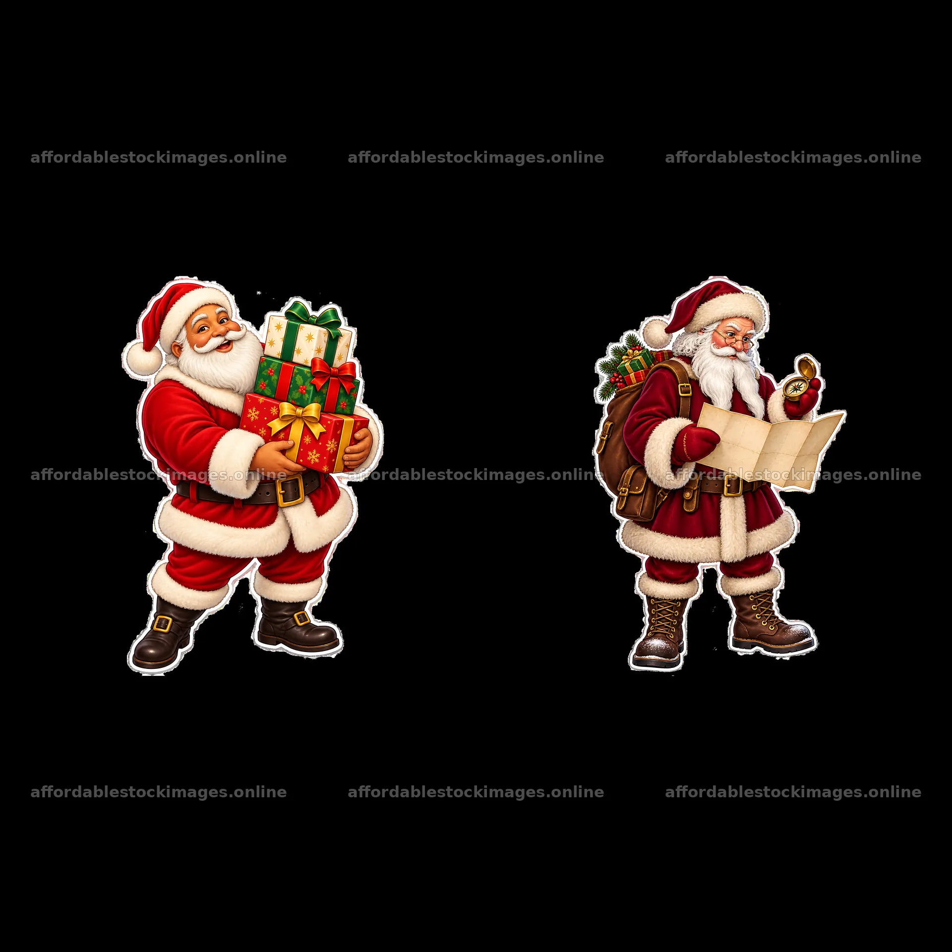 Santa Claus with gifts and Santa checking map in festive theme – stock images 7746x7746