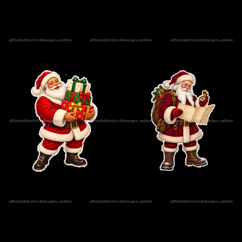 Santa Claus with gifts and Santa checking map in festive theme – stock images 7746x7746